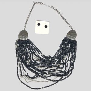 Vintage Black Silver Beaded Necklace and Earrings Set